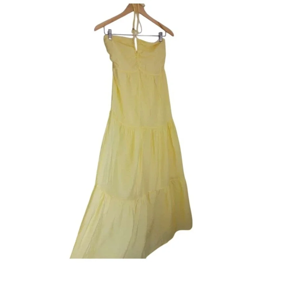 Cottagecore Boho Yellow Textured 100% Cotton Tiered‎ Maxi Halter Dress S NWOT